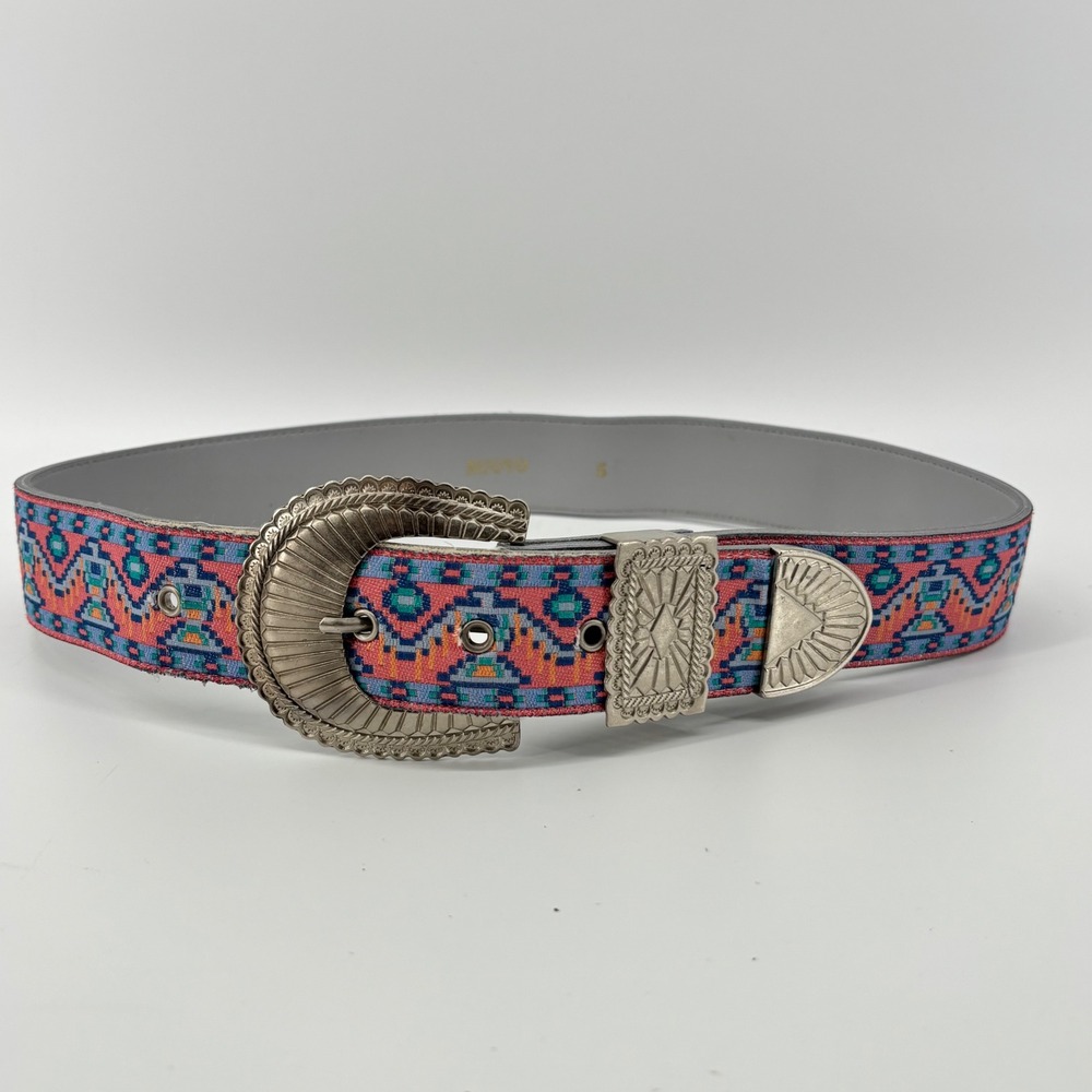 Nuovo Vintage Western‎ Tapestry Belt Pink Blue Geometric Silver Buckle Size 5
